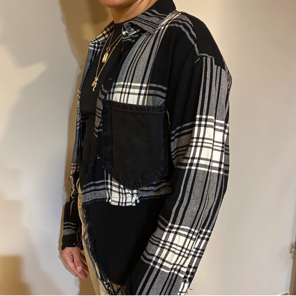 Upcycled plaid and denim shirt - Picture 3 of 8